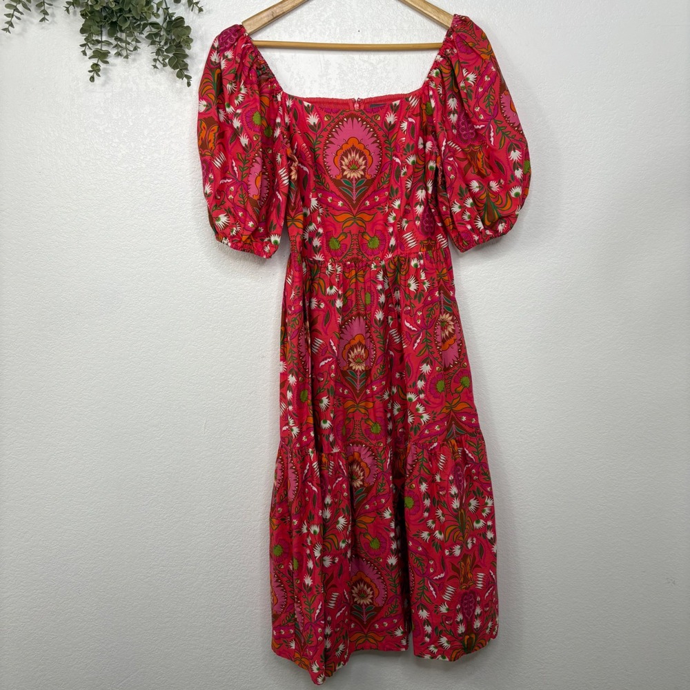 Vince Camuto Pink Floral Paisley Puff Sleeve Midi Dress Cotton Sz8 Side Pockets - Picture 2 of 11